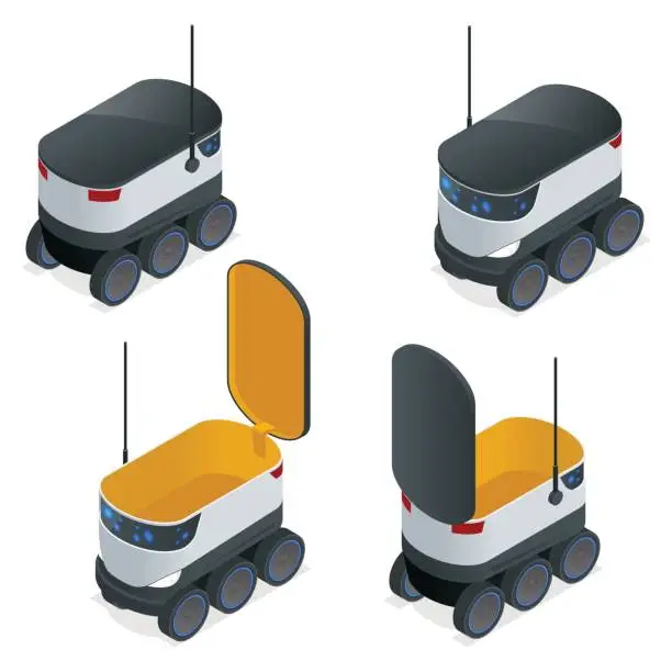 Vector illustration of Isometric Robots Deliver Takeout Orders. It can carry up to 10 kilograms or three shopping bags and has a range of 10 miles. Flat vector illustration