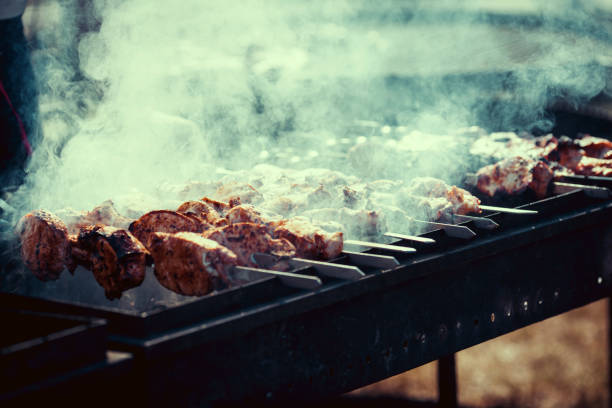 Assorted delicious grilled meat with vegetable over the coals on a barbecue