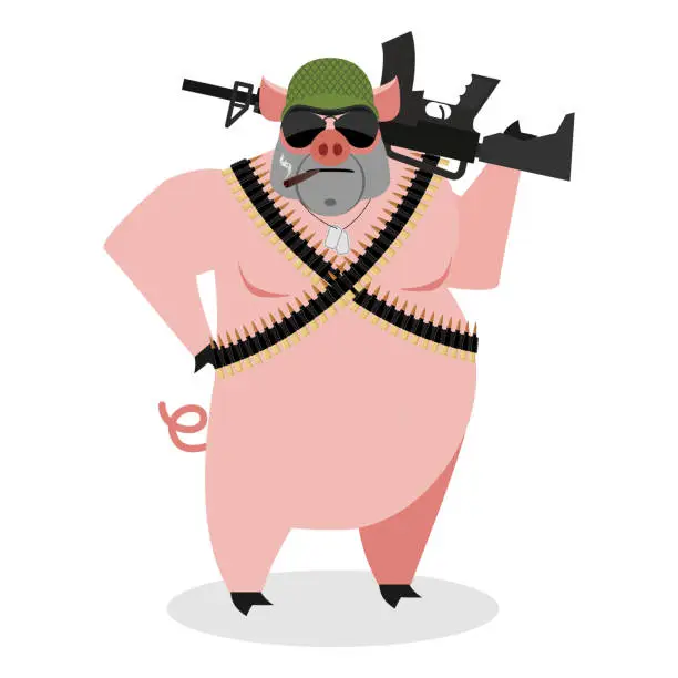 Vector illustration of Military Pig with rifle. Boar with gun. hog and machine-gun tape. Animal soldiers. Army style. Soldiers badge and protective helmet