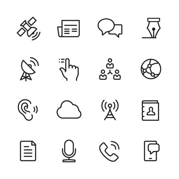 Communication - outline icon set 16 line black and white icons / Set #23 hand holding microphone icon stock illustrations