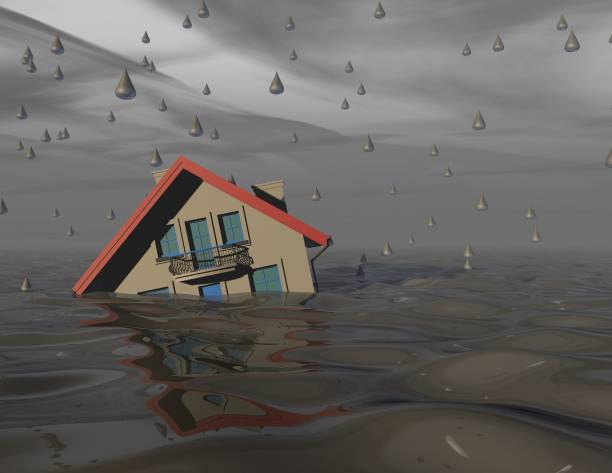 istock Heavy rain and flood concept with house under water. 685489364