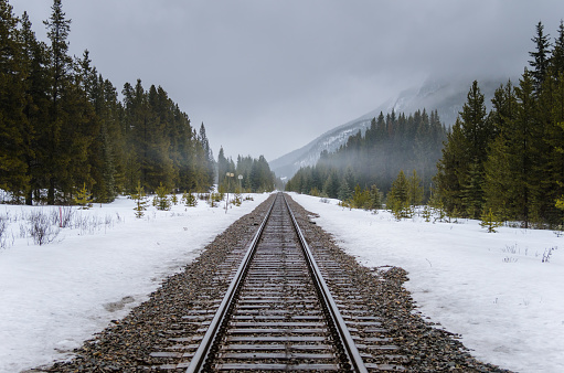 Straight Railway Track through a Foggy Winter Landscape