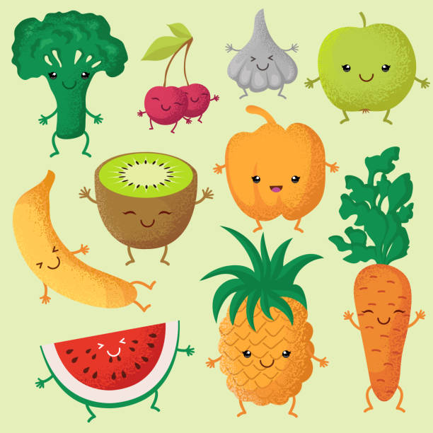 ilustrações, clipart, desenhos animados e ícones de feliz dos desenhos animados frutas e vegetais do jardim com caretas bonitos vector caracteres - fruta kiwi