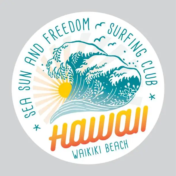 Vector illustration of Hawaii Surfing Colored Label On White Background