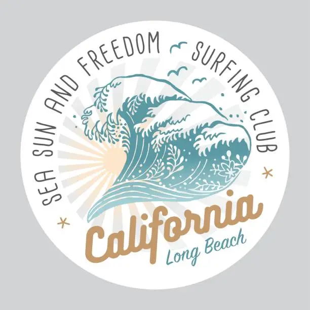 Vector illustration of California Surfing Club Colored Label On White Background