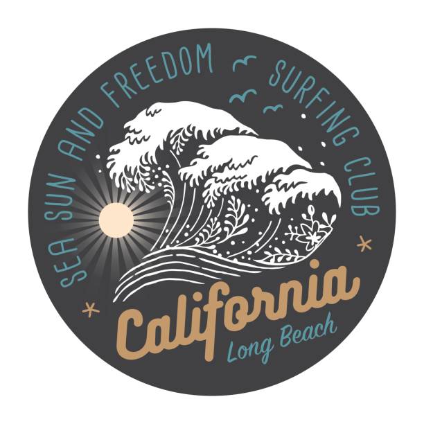 ilustraciones, imágenes clip art, dibujos animados e iconos de stock de club de surf de california color etiqueta sobre fondo oscuro - los angeles county long beach california sunset