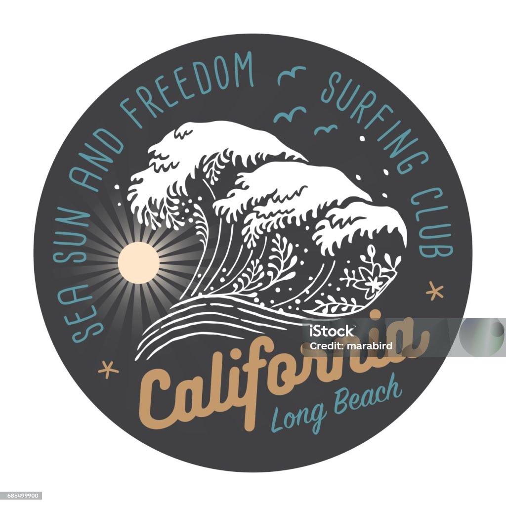 California Surfing Club Colored Label On Dark Background An original artwork vector illustration of a big wave with flower elements and text messaging. This inspirational design can be a label, badge, emblem, icon or t-shirt print. Logo stock vector