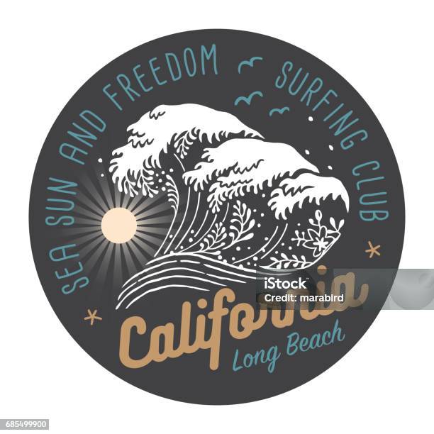 California Surfing Club Colored Label On Dark Background Stock Illustration - Download Image Now