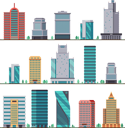 Buildings and modern city houses flat vector icons. Set of building office city, illustration of apartment architectural building