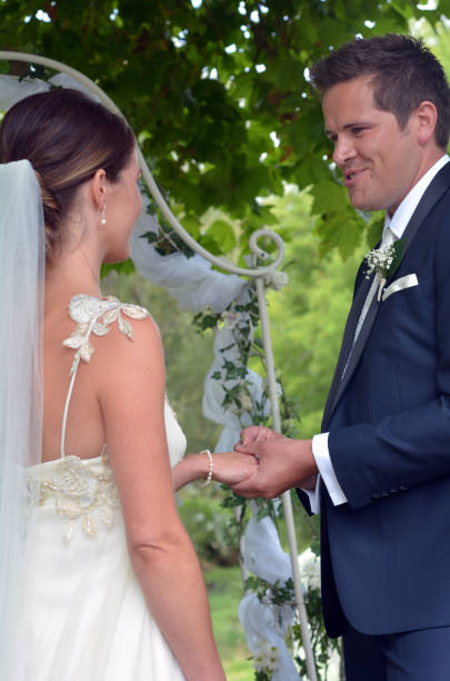 istock Husband puts a wedding ring on bride's finger on their wedding Day 685500222
