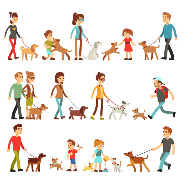 ilustrações de stock, clip art, desenhos animados e ícones de happy people with pets. women, men and children playing with dogs and puppes - home economics class