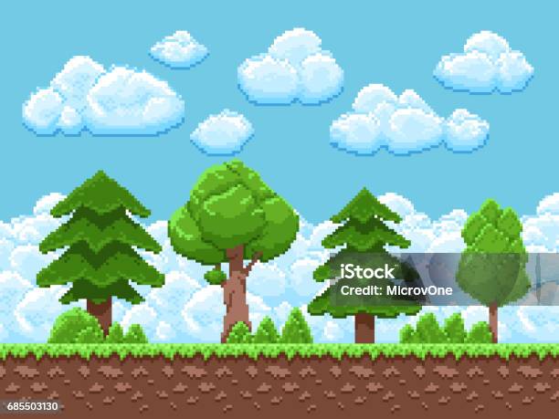 Pixel Game Vector Landscape With Trees Sky And Clouds For 8 Bit Vintage Arcade Game Stock Illustration - Download Image Now