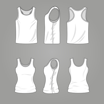 Mans and womans blank outline casual tank top vector. Mockup white shirt clothing, illustration of template fashion shirts