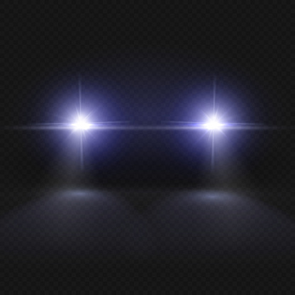 Car headlights. Headlamp glowing vector effect isolated on transpatent plaid background. Headlight in dark night, illustration of vehicle headlight front