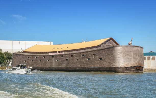 Rotterdam, Netherlands – August 18, 2016: In one of the ports of Rotterdam lie Noah's Ark docked. The ark is 30 meters wide, 23 meters high and 135 meters long.