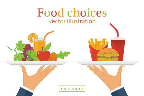 Food choice. Healthy and junk eating. Food choice. Healthy and junk eating. A man is holding a tray organic products and fast food. Diet decision concept and nutrition. Fresh fruit and vegetables or greasy cholesterol. Vector flat design. pics of a bewitched stock illustrations