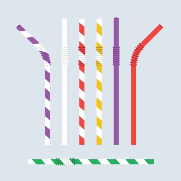 Straw for beverage. Straw for beverage. Striped colorful drinking straw isolated on background. Plastic pipe. Vector illustration flat design. Set is curved and straight. Cocktail, juice, drink. straw stock illustrations