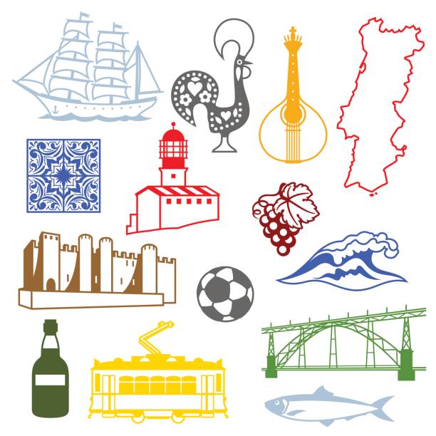 ilustrações de stock, clip art, desenhos animados e ícones de portugal icons set. portuguese national traditional symbols and objects - lisbon square landscape