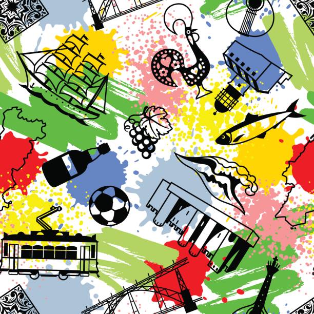 ilustrações de stock, clip art, desenhos animados e ícones de portugal seamless pattern. portuguese national traditional symbols and objects - lisbon square landscape