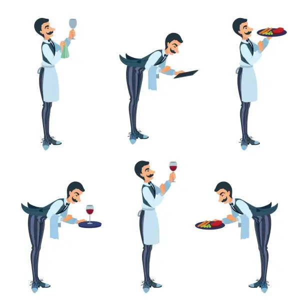 Vector illustration of Elegant butler bows, waiter delivers food, plate, wine, menu, wipes a glass. Cartoon isolated vector illustration set.