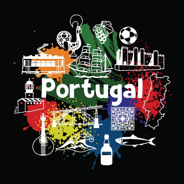 ilustrações de stock, clip art, desenhos animados e ícones de portugal print design. portuguese national traditional symbols and objects - lisbon square landscape