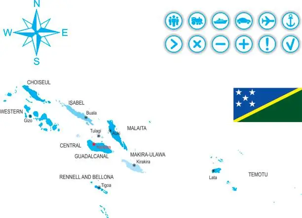 Vector illustration of Map of Solomon Islands with flag, icons and key