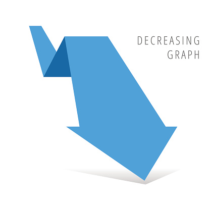 Reduction graph concept. Blue arrow depict recession business. Flat illustration of fallof arrow with shadow as an element for infographic, article background for internet, publish, social networks.