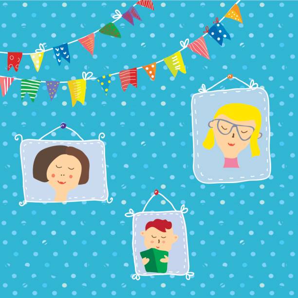 Kids portraits frames on the wall for the holidays with cute design, vector  illustration Kids portraits frames on the wall for the holidays with cute design, vector graphic illustration family photo on wall stock illustrations