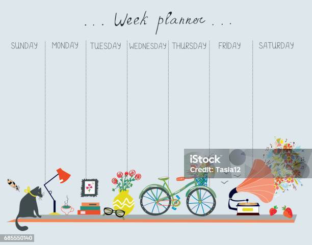 Weekly Planner With Cute Design Home Objects Cat Bicycle Flowers Music Vector Illustration Stock Illustration - Download Image Now