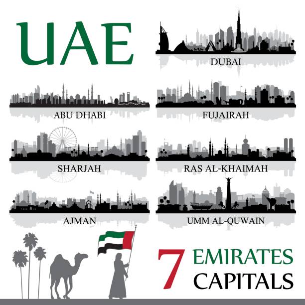 ilustraciones, imágenes clip art, dibujos animados e iconos de stock de todas las ciudades capital de los emiratos árabes unidos - united arab emirates illustrations