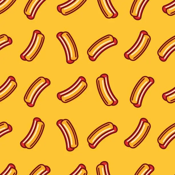 Vector illustration of Hot dog vector seamless pattern. Buns and sausages.
