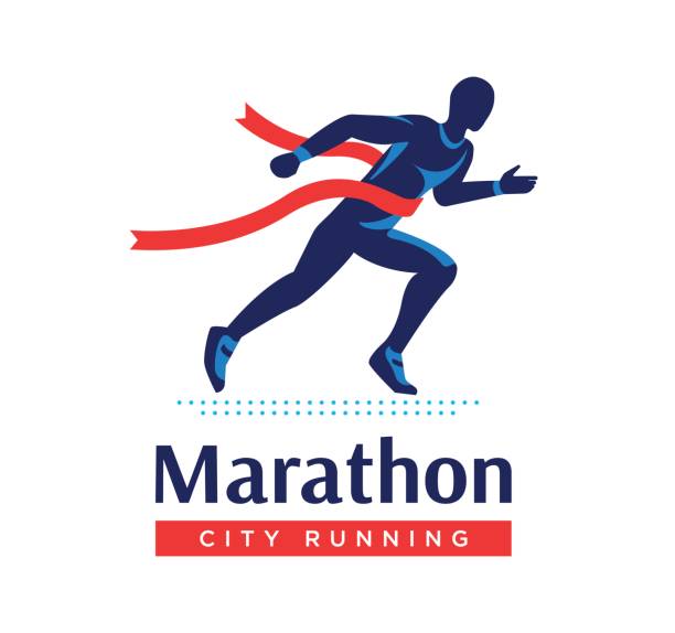 Running marathon logo or label. Runner with red ribbon. Running marathon logo or label. Runner with red ribbon. Vector flat symbol marathon icons stock illustrations