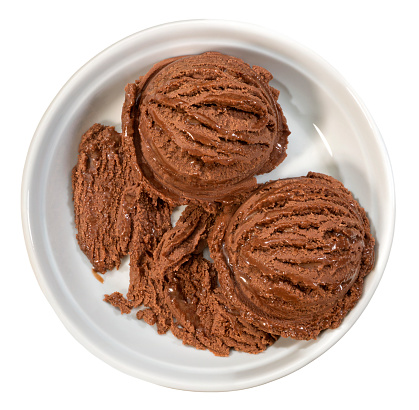 Chocolate ice cream in white bowl,isolated on white with clipping path.