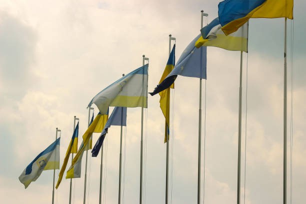 istock Ukrainian and other country flags at evening 685572438