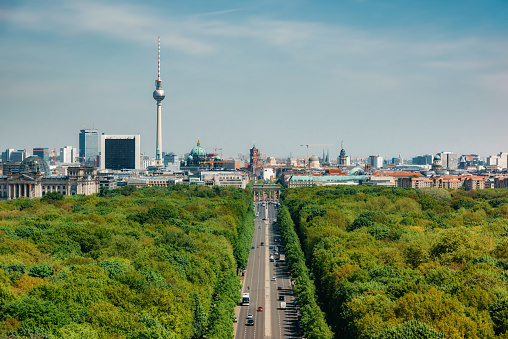 Berlin skyline, Tiergarten, aerial view, summer, forest, park, Brandenburg gate