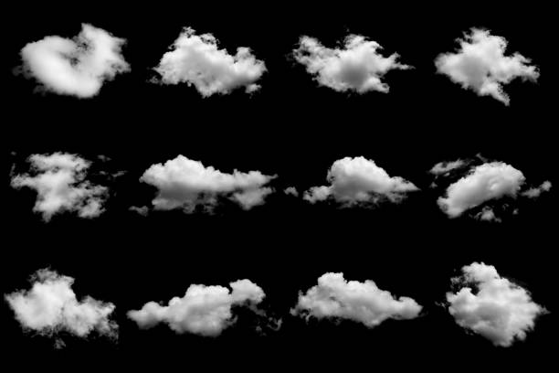 set von isolierten wolken auf schwarz - freisteller – neutraler hintergrund stock-fotos und bilder