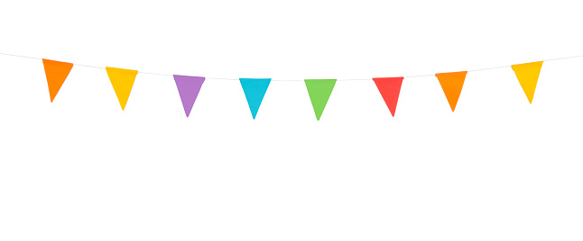 colorful party flags on a line made of paper isolated on white background
