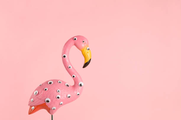 freak pink plastic flamingo quirky and freak pink plastic flamingo on a pink background with numerous eyes"ngradient and tones on tones offbeat stock pictures, royalty-free photos & images