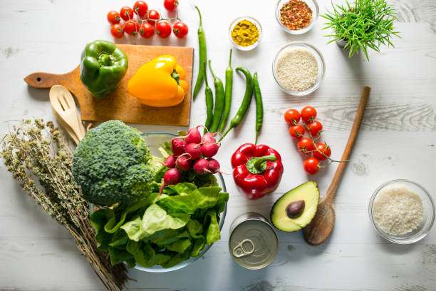 istock Variety of fresh healthy vegetables on table 685605548