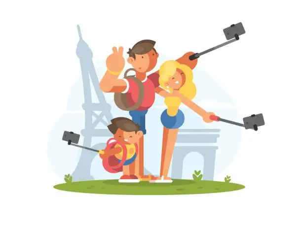 Vector illustration of Family doing selfie on vacation
