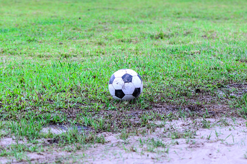 Dirty soccer ball in wet field.