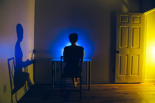 Woman at desk in dark room A woman sitting at desk in a dark room. Open door allows amber light in which produces a shadow of the woman on the wall. Blue light from computer illuminates woman's head. blue yellow lights stock pictures, royalty-free photos & images
