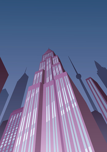 Cartoon skyscraper at night in Art Deco style.