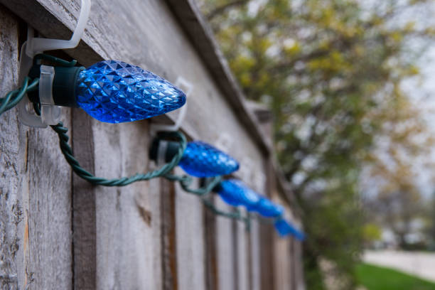 istock Blue lamps on a fence 685631292