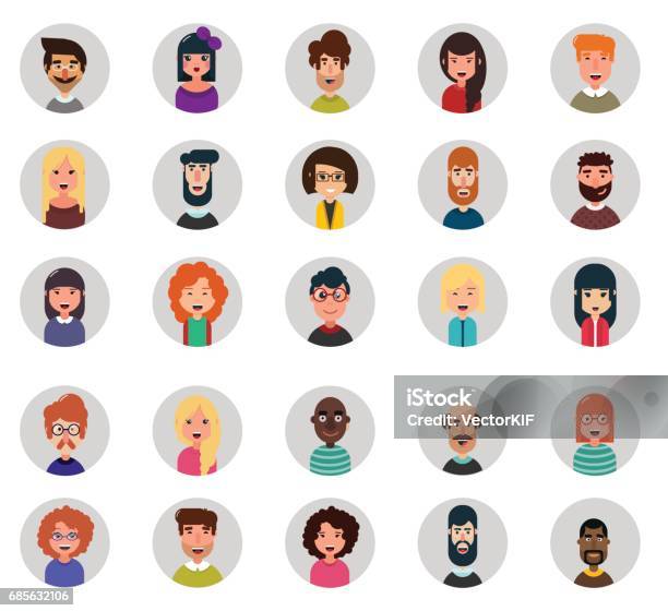 Set Of Twenty Five Avatar Vector Icons Flat Style Stock Illustration - Download Image Now - Human Face, Portrait, Characters