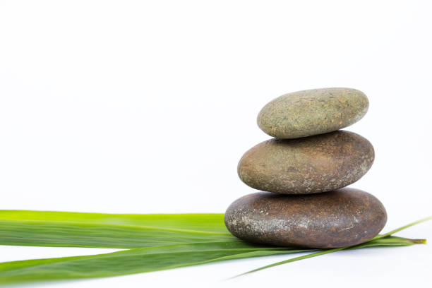 istock Natural zen stone on fresh green bamboo leaf 685634788