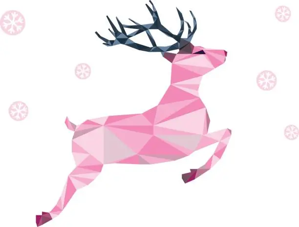 Vector illustration of Pink deer of triangle shapes and snowflakes