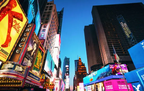 Photo of Times Square advertising illuminated at dusk