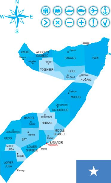 karte von somalia mit fahne, symbole und schlüssel - mogadischu stock-grafiken, -clipart, -cartoons und -symbole
