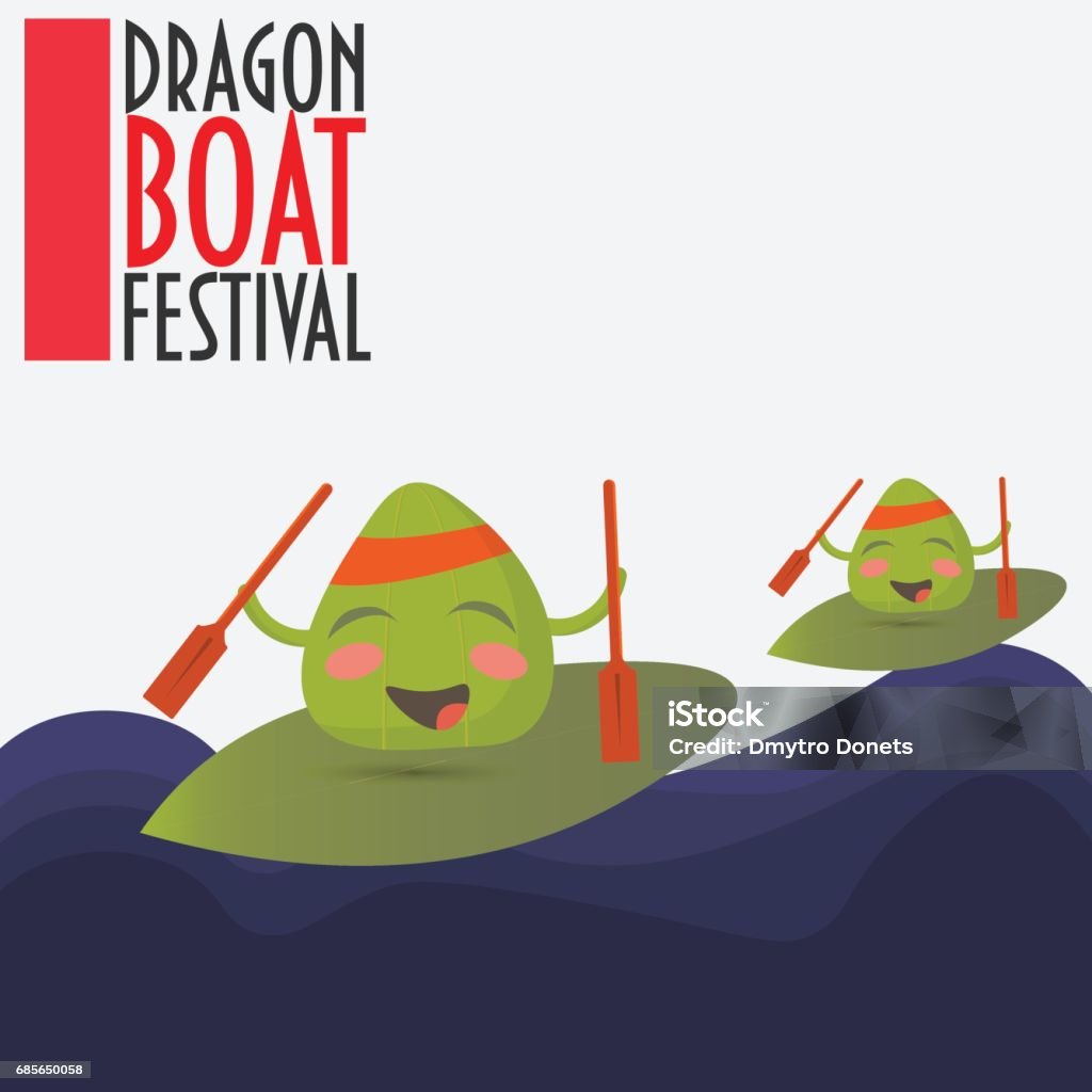 Duanwu Festival promoção Vector Illustration: dois feliz zongzi bolinhos personagens de corrida. - Vetor de Bolinho de Massa royalty-free